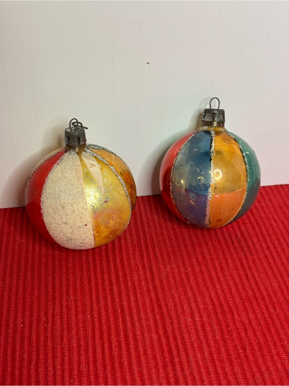 Vintage Multicolor Striped Glass Holiday Ornaments  Mercury Glass- Set of 2
